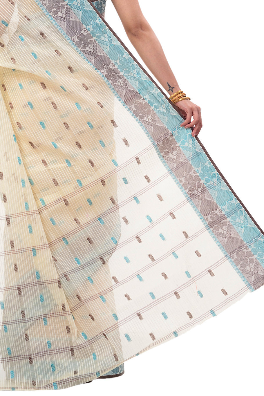 Green Brown Pure Cotton Aged_Women Tant Saree (405)